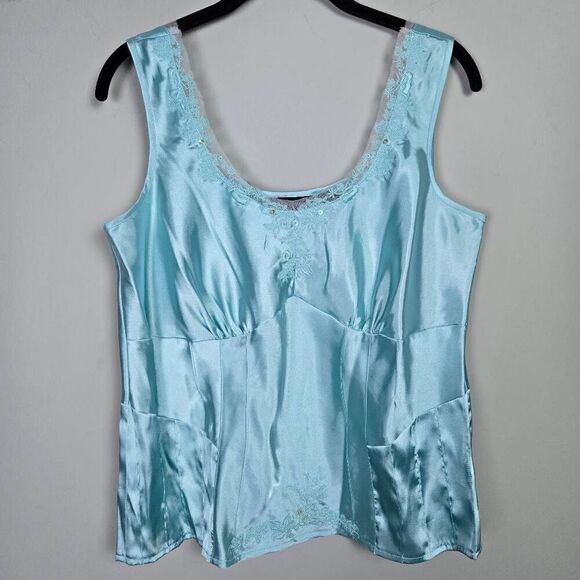 Parisian Signature Tops - VTG Parisian Signature Women Satin Babydoll Top Large Blue Beaded Fairy Coquette